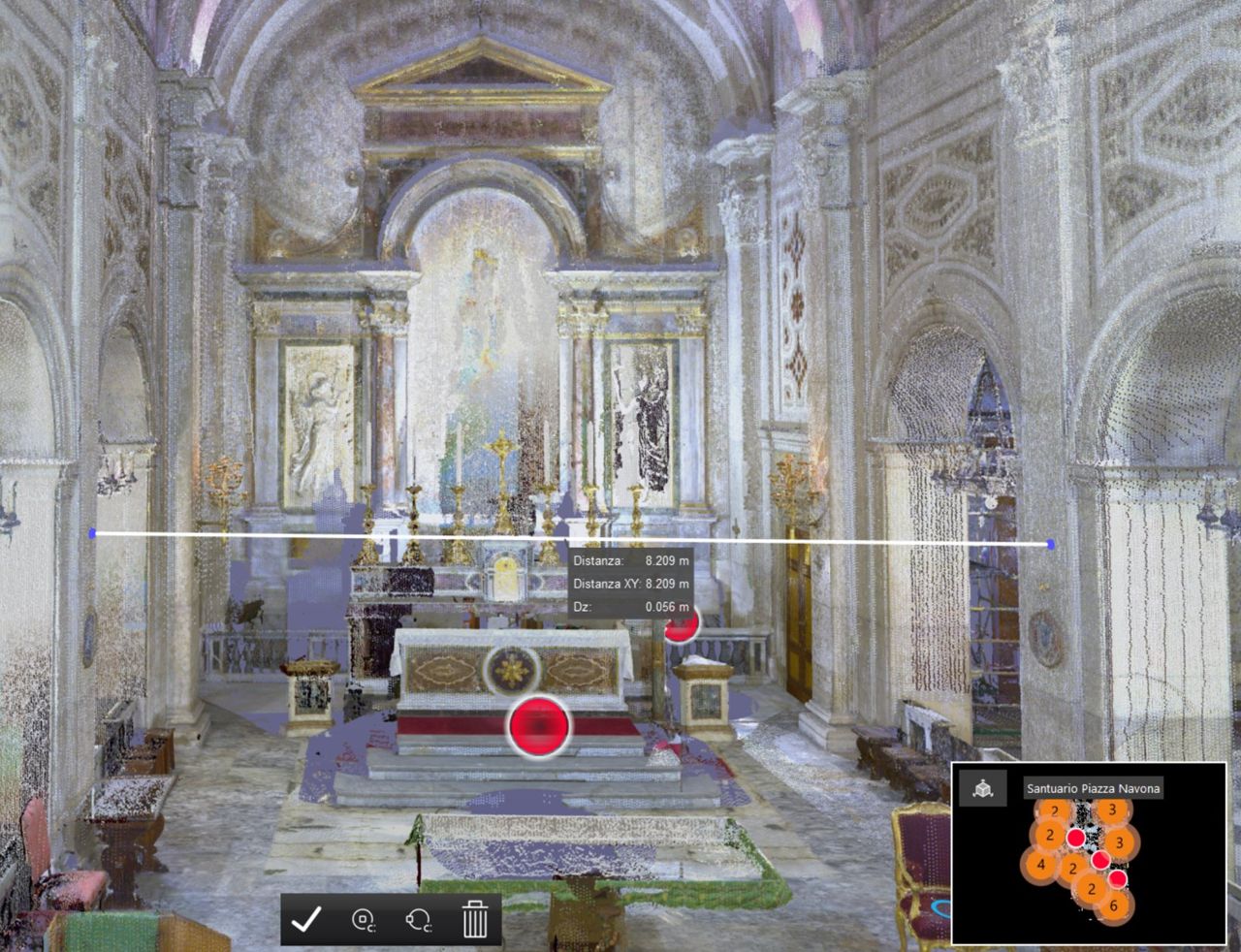 Chiesa storica rilevata con laser scanner, nuvola di punti a colori