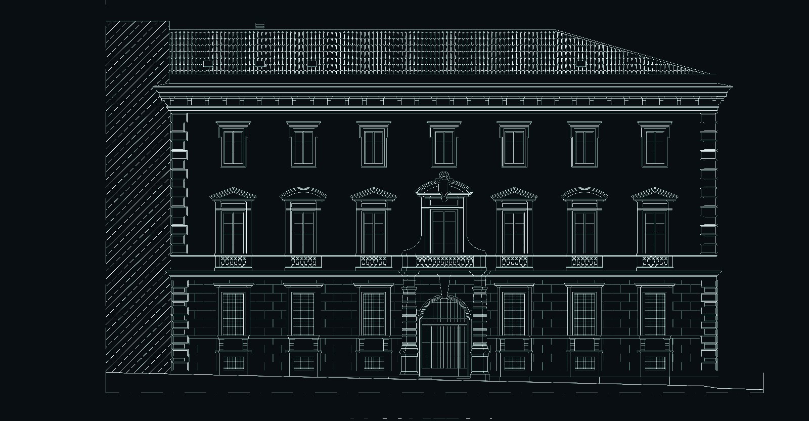 Restituzione CAD dello stesso prospetto con le partiture architettoniche
