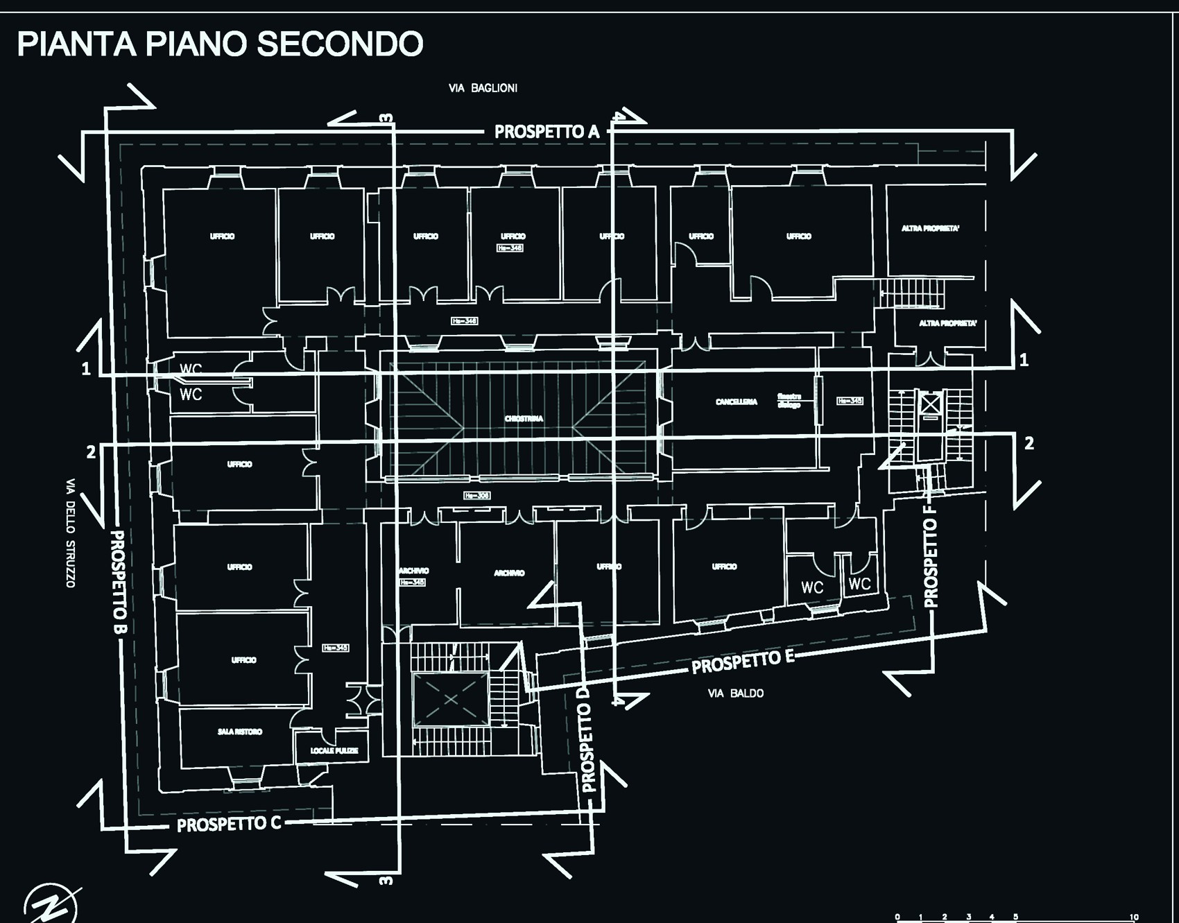 Pianta CAD del piano secondo del palazzo di Perugia